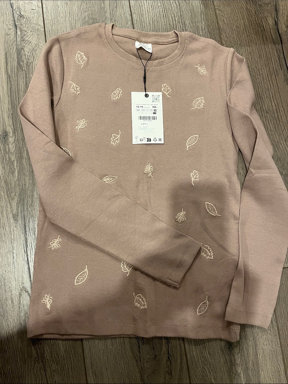 Zara Kids Dusty Rose Crewneck Sweater with Cream Leaf Embroidery